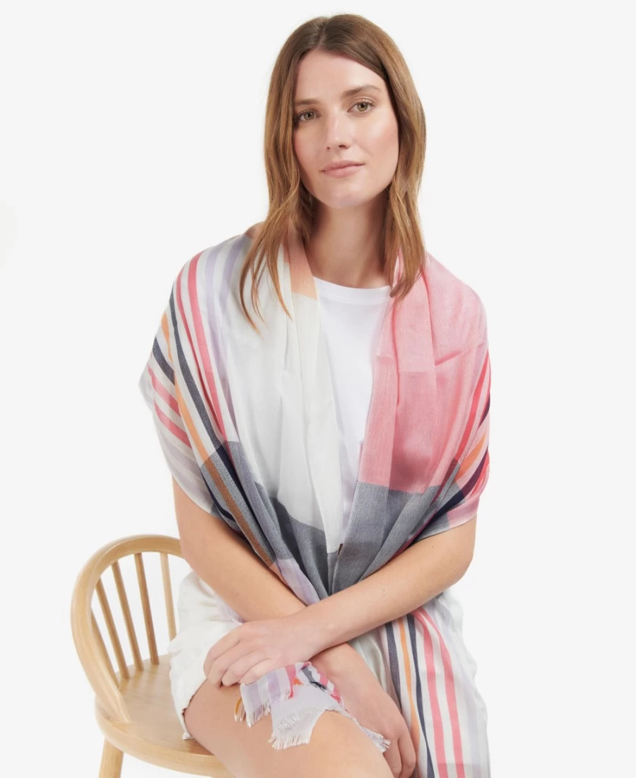Barbour Womens Kendra Check & Stripe Scarf in Classic White