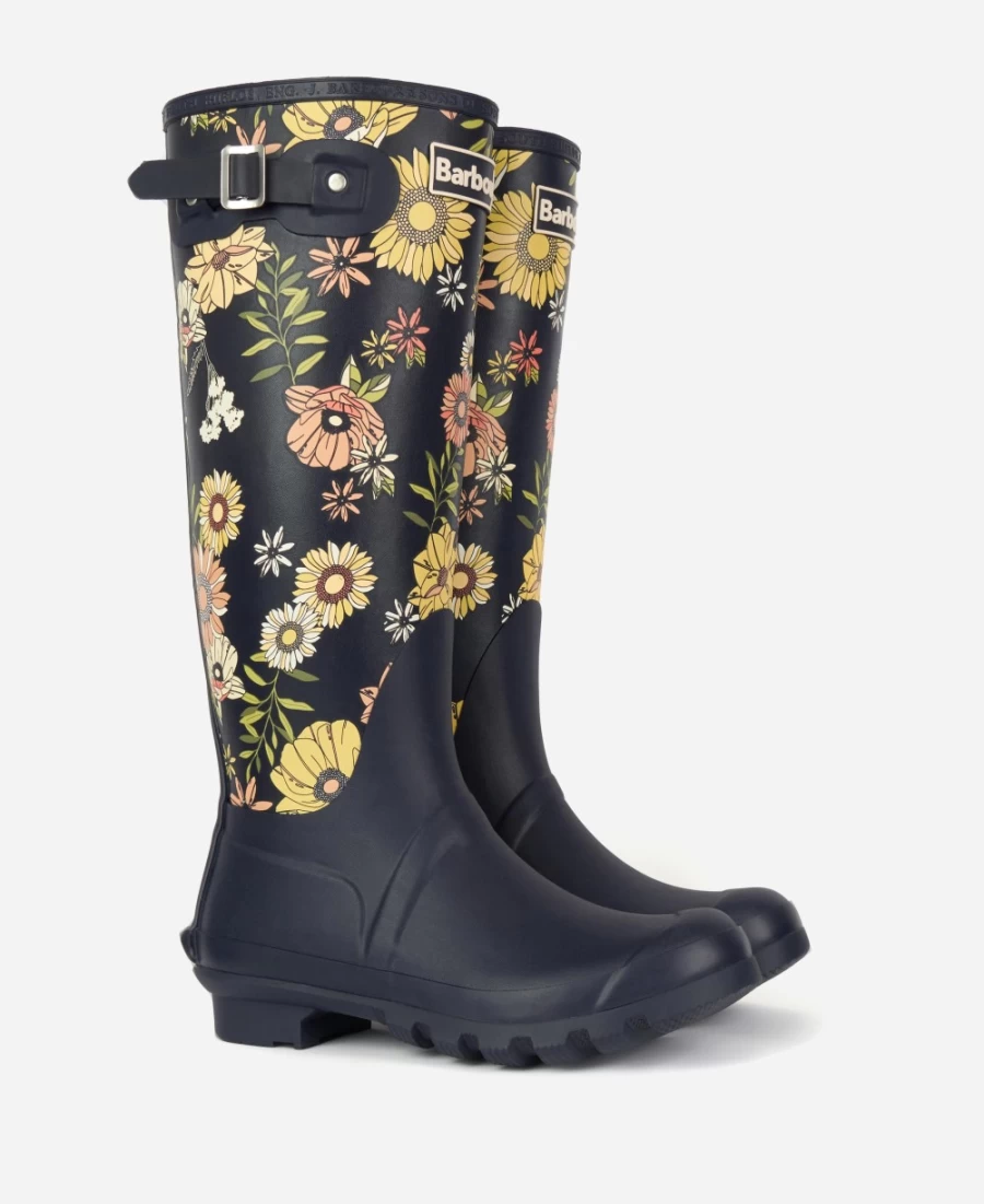 Barbour Womens Navy Floral Wellington Boots Bede Waterproof Rain Footwear