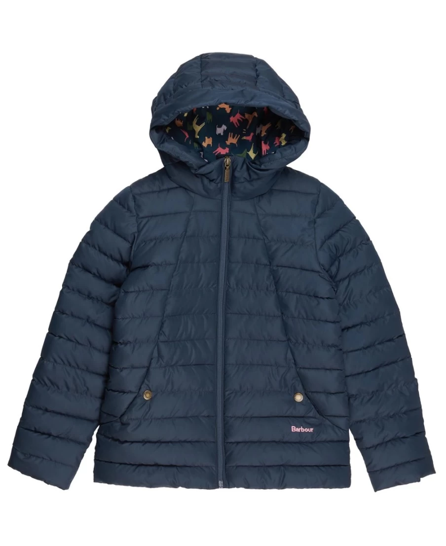 Barbour Girls Coraline Quilted Jacket in Pink Punch with Retro Floral Design
