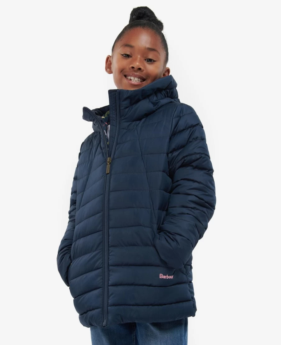 Barbour Girls Coraline Quilted Jacket in Pink Punch with Retro Floral Design