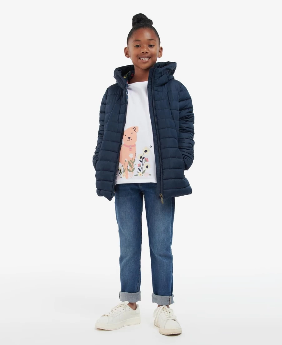 Barbour Girls Coraline Quilted Jacket in Pink Punch with Retro Floral Design