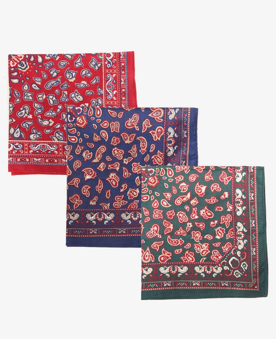 Barbour Mens Paisley Handkerchiefs Gift Box Set - Red, Green, Navy Check Pattern