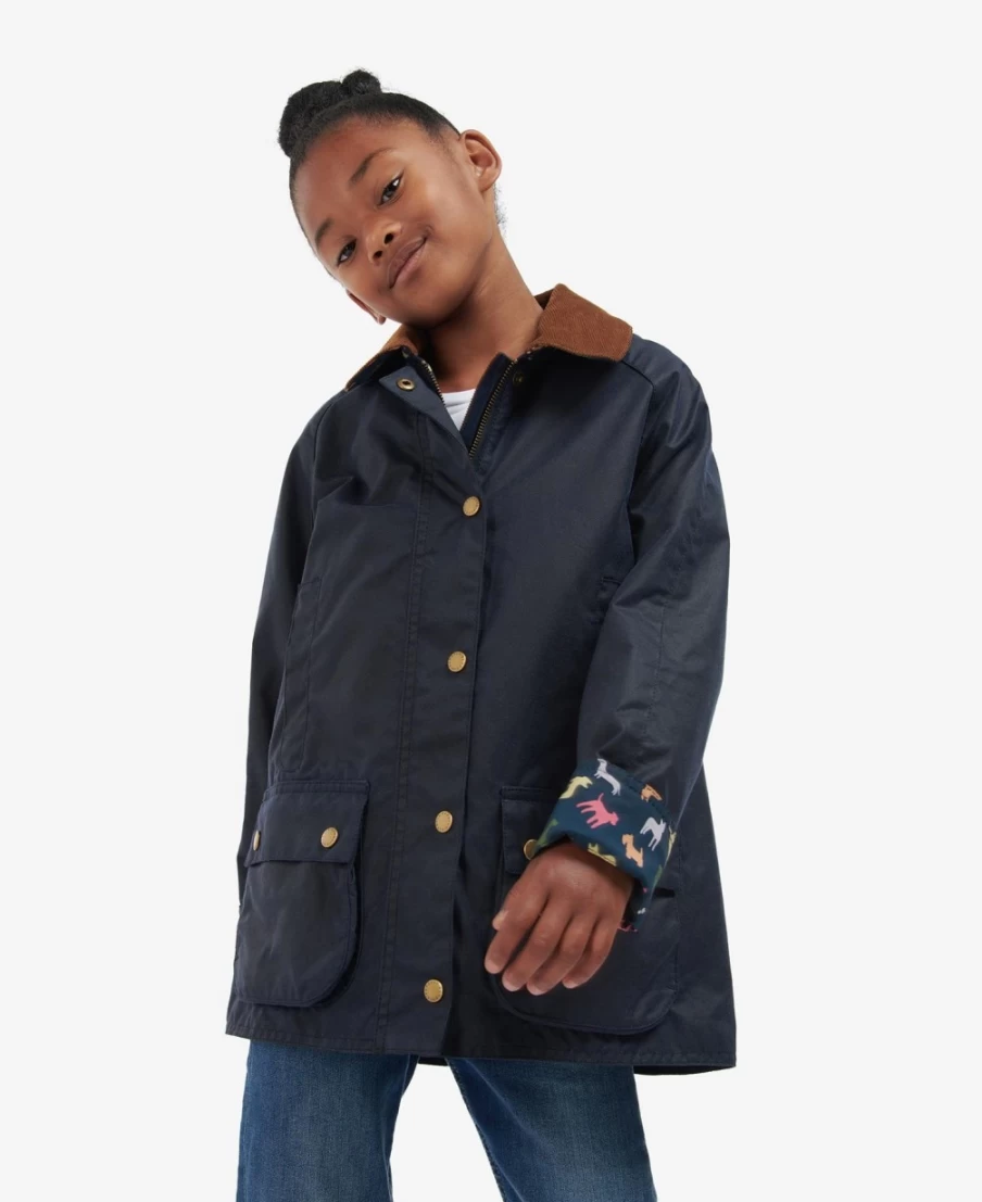 Barbour Girls Archive Olive Retro Floral Waxed Jacket | Acorn Waterproof Coat